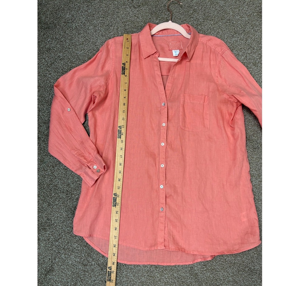 Sigrid Olsen Women Coral Pink 100% Linen Button Up Roll Tab Sleeve Shirt Size L - Picture 4 of 7